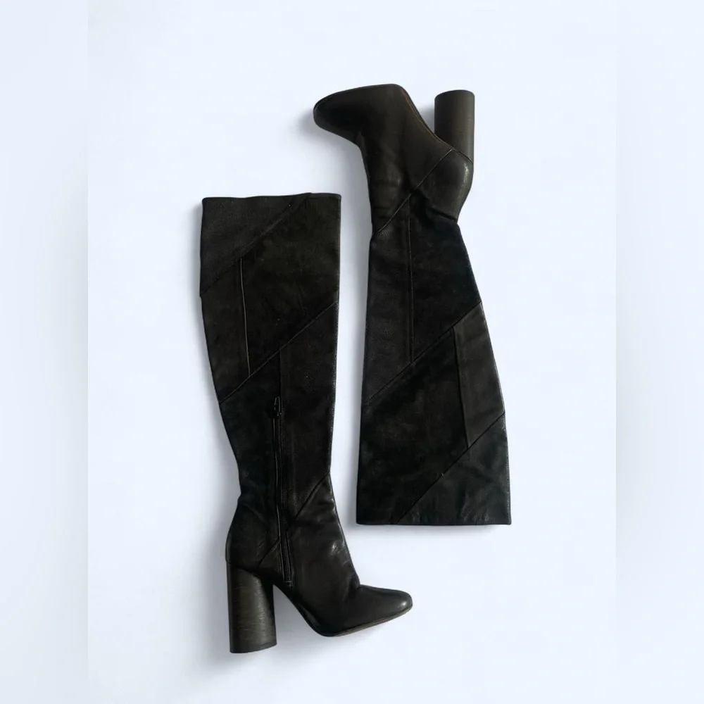 Black patchwork leather knee‎ high boots with a chunky heel pointed toe size 5.5